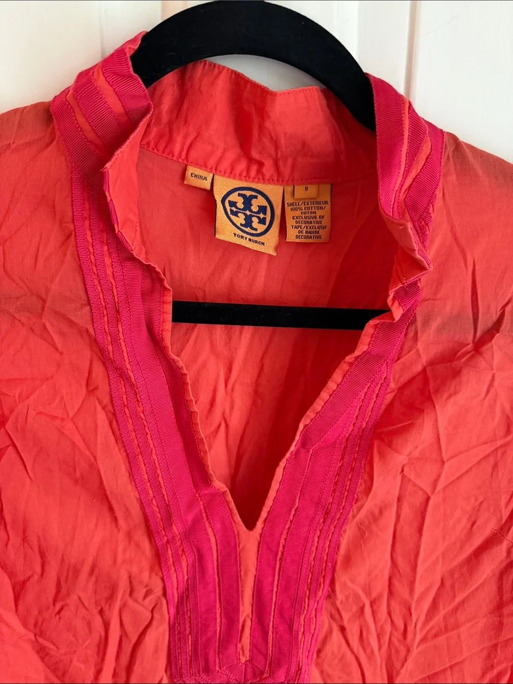 Tory Burch Coral Tunic with Pink Embroidered Trim